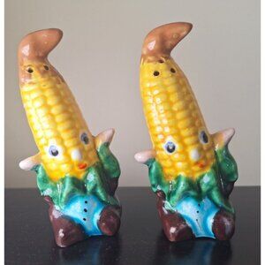 Corn Cob Salt Pepper Shaker Set Vintage Cork Stoppers Pair Tuxedo Suit Faces Fun